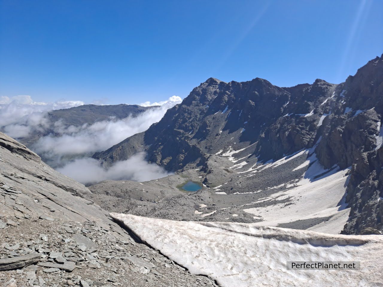 North face of Mulhacen and Mosca lagoon from Collado del Ciervo